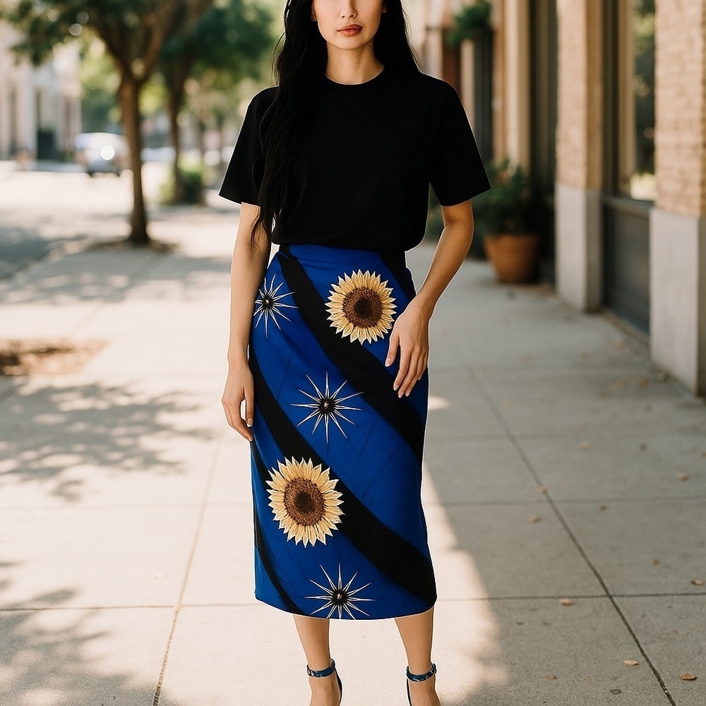 Vintage Santam Blue Sunflower Midi Wrap Skirt